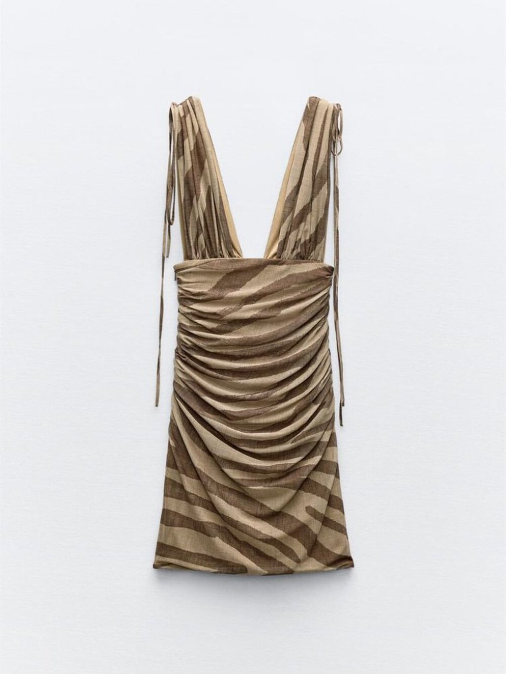 New Zara Zebra Printed Tulle Plunging Neckline Wide Straps Draped Fabric Dress - Picture 13 of 13